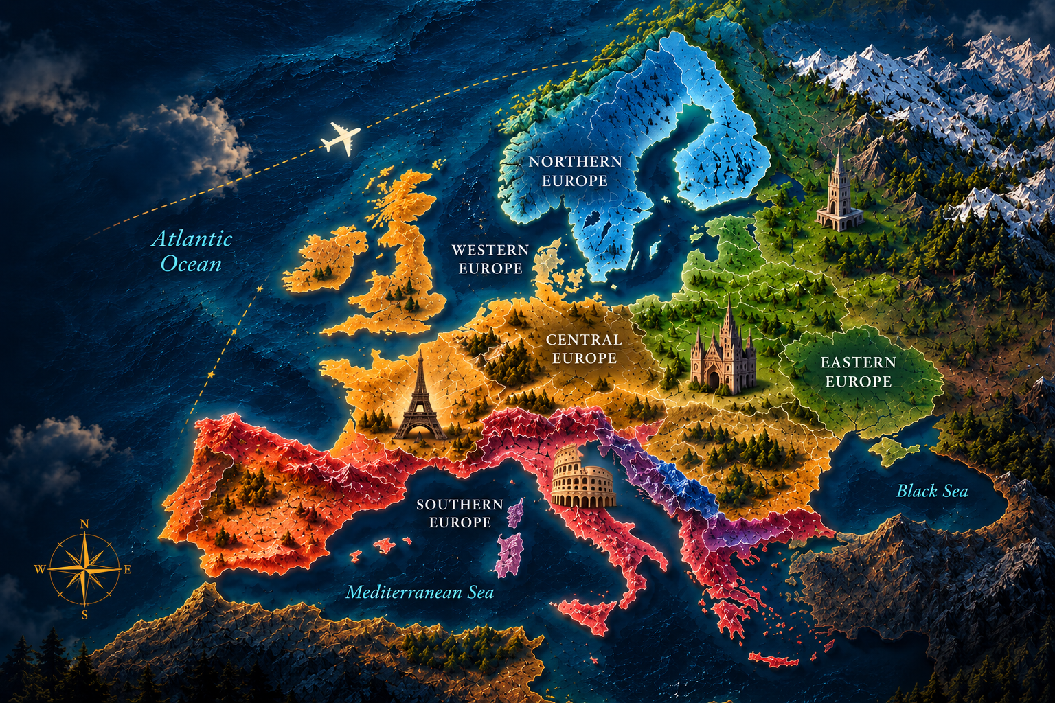 Illustrated map of Europe showing European regions and travel destinations